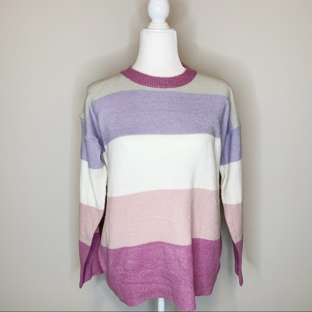 NWT Easel Lavender and Gray Crew Striped Sweater - Picture 2 of 7